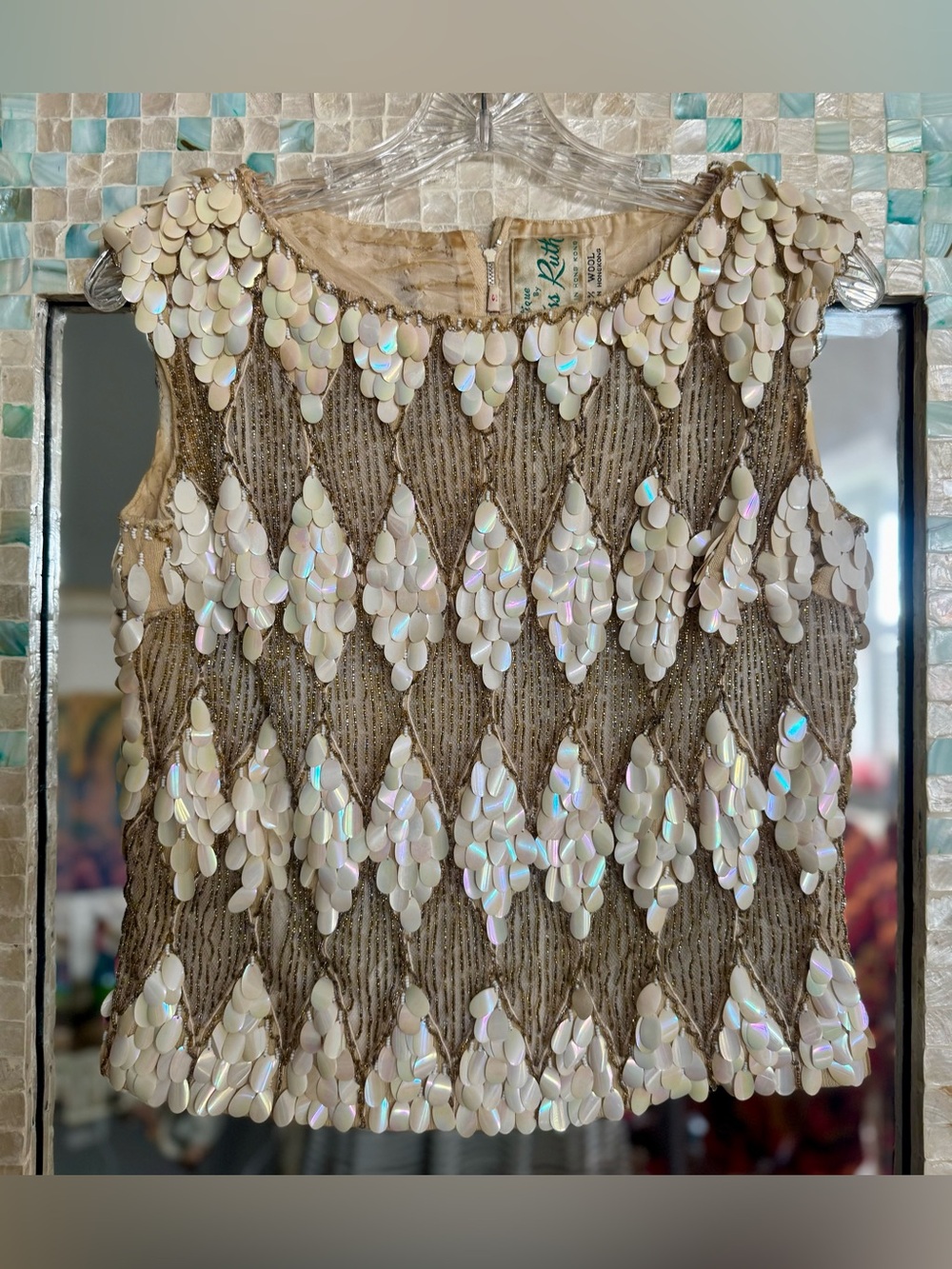 Vintage 60s Miss Ruth Hong Kong Wool Silk Iridescent Sequin Top Blouse size S